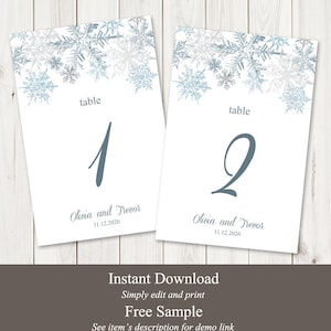 Winter Wedding Table Numbers Template "Snowflakes", Silver & Blue. DIY Printable Christmas Party Cards, Flat. Templett, Instant Download.