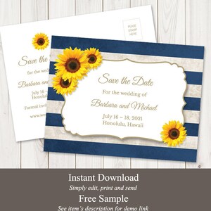 Mariage d'été sauvez le modèle de carte postale de date Rayures de tournesol, bleu marine. Carte rustique imprimable bricolage. Templett modifiable, téléchargement immédiat.