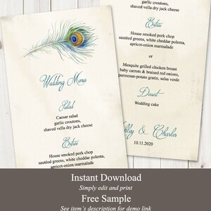 Boho Hochzeit Menü Vorlage ""Pfauenfeder""" DIY druckbare Vintage Dinner Menü Karten, Tee Länge. Bearbeitbares Templett, Sofortiger Download.