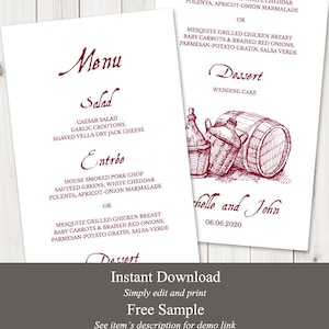 Rustikales Hochzeitsmenü druckbare Vorlage Weinland. DIY Vineyard Menü, Weinrot, Tee Länge. Vollständig bearbeitbares Templett, Sofortiger Download.