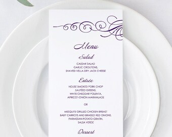 Elegant Wedding Menu Template "Tender Twirls", Purple. Printable Modern Menu Card, Fully Edtable Text & Artwork. Templett, Instant Download.