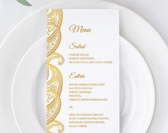 Indian Wedding Menu Template "Paisley", Gold. DIY Printable Dinner Menu with Traditional Ornaments. Editable Templett, Instant Download.