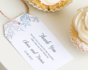Winter Wedding Favor Tag Template &quot;Snowflakes&quot;, Silver & Blue. DIY Printable Christmas Sticker Label, Horizontal. Templett, Instant Download