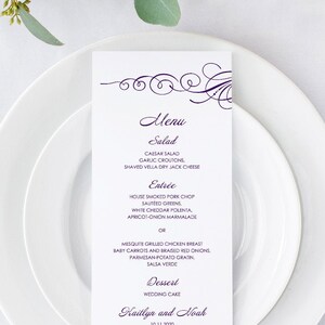Elegant Wedding Menu Template Tender Twirls, Purple. Printable Modern Menu Card, Fully Edtable Text & Artwork. Templett, Instant Download. image 1