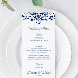 Modèle de menu de mariage Cathédrale avec ornements bleu marine. Cartes de menu de longueur de thé imprimables bricolage, entièrement modifiables. Templett, téléchargement immédiat.
