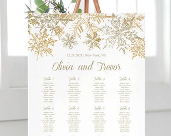 Seating Chart Poster Template "Snowflakes", Gold. DIY Printable Custom Winter Wedding Seating Plan Sign. Editable Templett, Instant Download