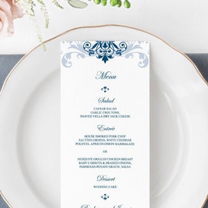 Modèle de menu de mariage classique « ferronnerie élégante » avec ornements bleu marine. Carte de menu imprimable pour le dîner. Templett modifiable, téléchargement immédiat.