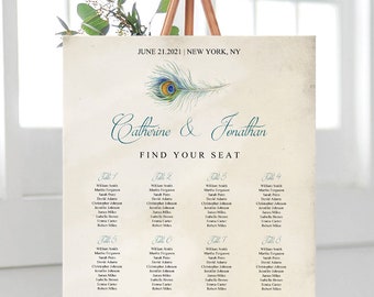 Wedding Seating Chart Poster Template "Peacock Feather", Teal. DIY Printable Custom Seating Plan Sign. Editable Templett, Instant Download.