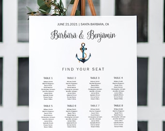 Wedding Seating Chart Poster Template Nautical Allure. DIY Printable Watercolor Anchor Custom Seating Plan Sign. Templett, Instant Download.