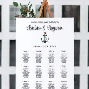 Wedding Seating Chart Poster Template Nautical Allure. DIY Printable Watercolor Anchor Custom Seating Plan Sign. Templett, Instant Download.