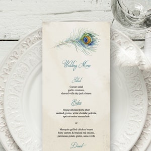Modello Boho per menu di nozze "Piuma di pavone". Carte per menu cena vintage stampabili fai-da-te, lunghezza del tè. Templett modificabile, download immediato.