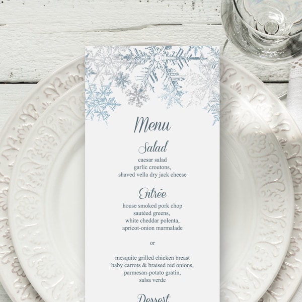 Winter Wedding Menu Template "Snowflakes", Silver & Blue. DIY Printable Christmas Party Dinner Menu. Editable Templett, Instant Download.