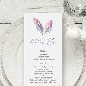 Romantic Wedding Menu Template &quot;Delicate Feathers&quot;, Pink & Blue. DIY Printable Watercolor Dinner Menu Card. Templett, Instant Download.