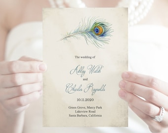 Bohemian Wedding Program "Peacock Feather", Teal. DIY Vintage Boho Style Printable Template, Folded Booklet. Templett, Instant Download.