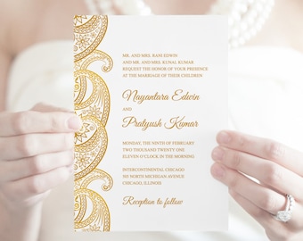 Indian Wedding Invitation "Paisley", Gold. DIY Printable Wedding Invite with Traditional Ornaments. Editable Templett, Instatn Download.