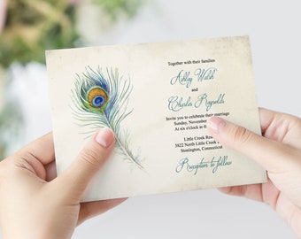 Bohemian Wedding Invitation "Peacock Feather". Vintage Style Printable Template. DIY Boho Style Invite. Editable Templett, Instant Download.
