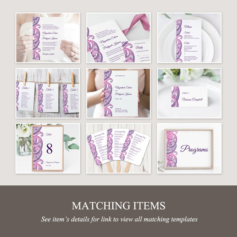 Templett Indian Wedding Invitation Set Paisley Instant Download. Purple Violet DIY Printable Traditional Mhendi Ornament Templates