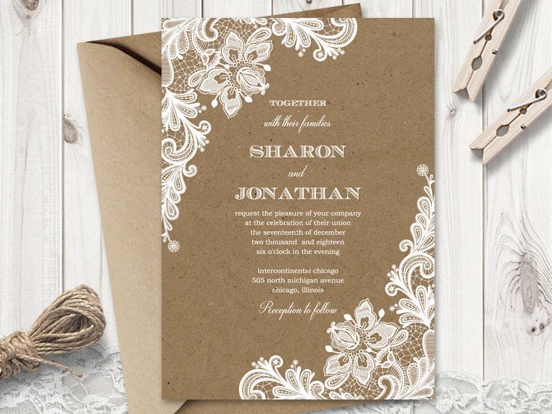 Kraft Paper Wedding Invitation Template Vintage Lace Craft. | Etsy
