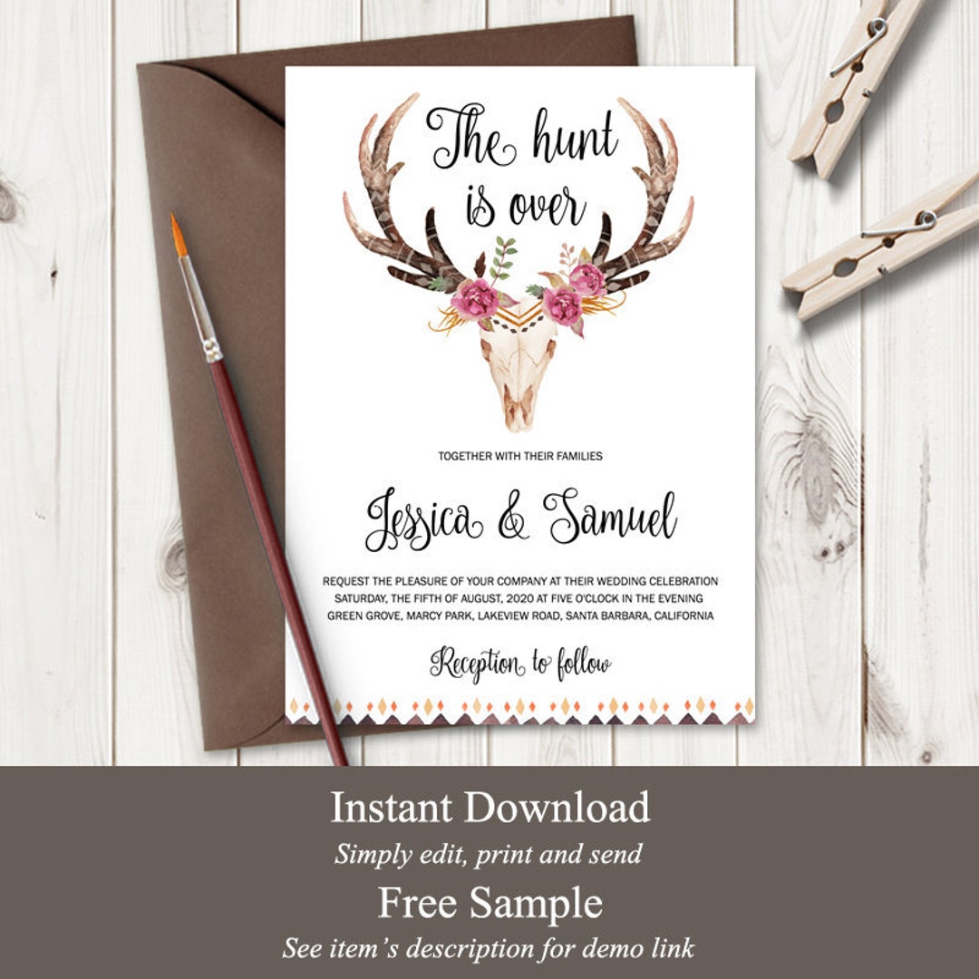 Antlers Wedding Invitation Template the Hunt is Over. DIY Watercolor Deer Skull Printable Invite. Editable Templett, Instant Download. - Etsy antlers-wedding-invitation-template-the-hunt-is-over-diy-watercolor-deer-skull-printable-invite-editable-templett-instant-download-etsy