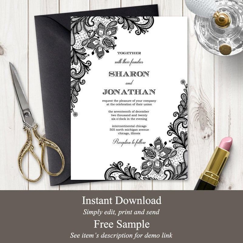 Black Lace Wedding Invitation "Vintage Lace". DIY Elegant Printable Invite Template, Rustic Style. Editable Templett, Instant Download.