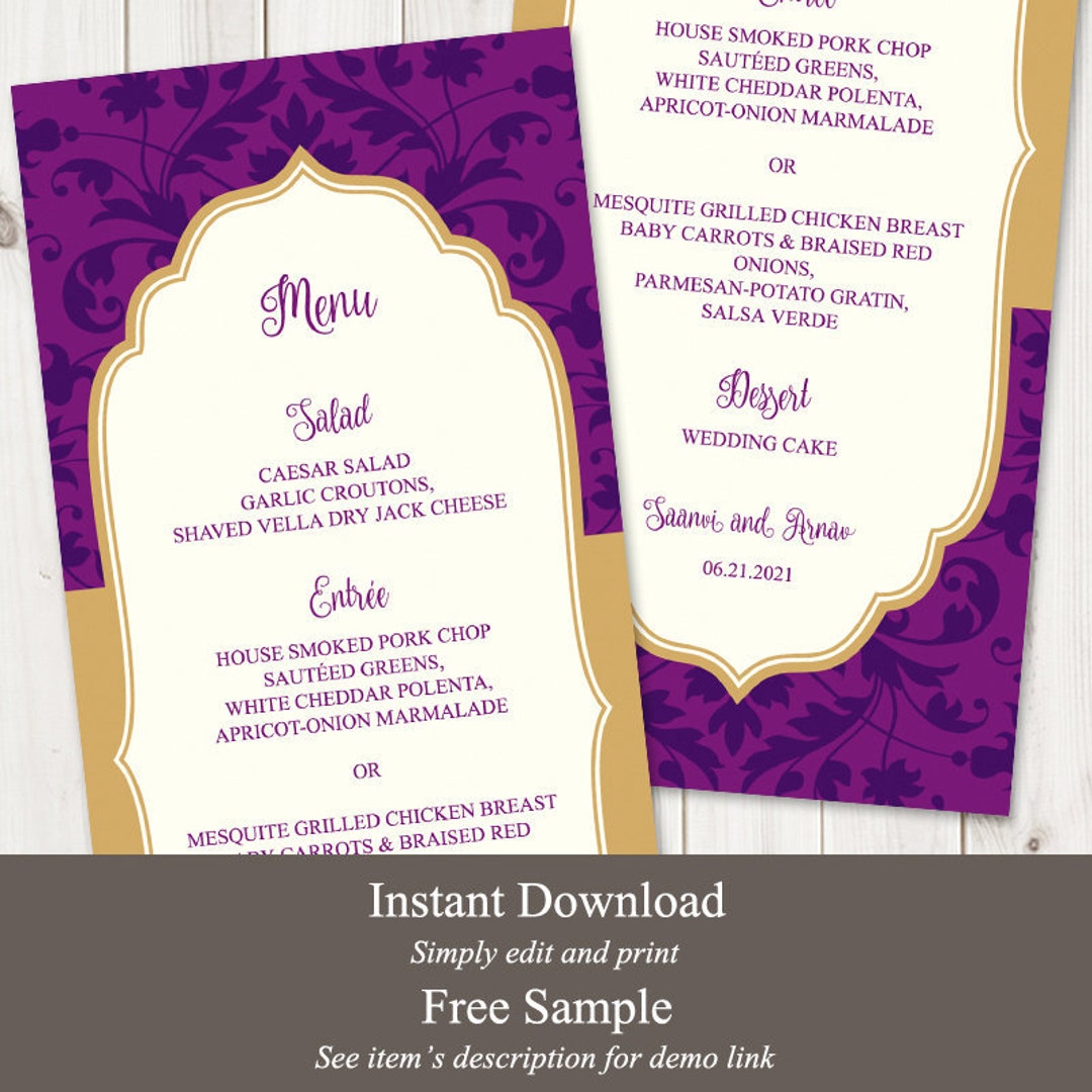 Indian Wedding Menu Template Vibrant Celebration, Purple & Gold. DIY