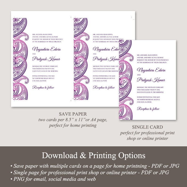 Templett Indian Wedding Invitation Set Paisley Instant Download. Purple Violet DIY Printable Traditional Mhendi Ornament Templates