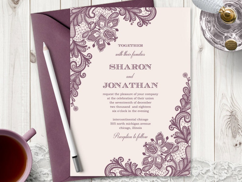 Wedding Invitation Vintage Lace Mauve Diy Etsy
