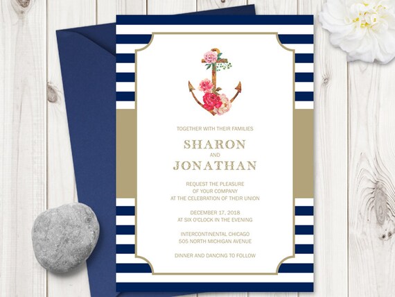 nautical wedding invitation template navy affair etsy blue and gold banquet invitation template