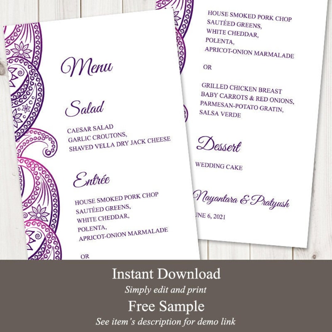 Indian Wedding Menu Template paisley, Purple Violet. DIY Printable