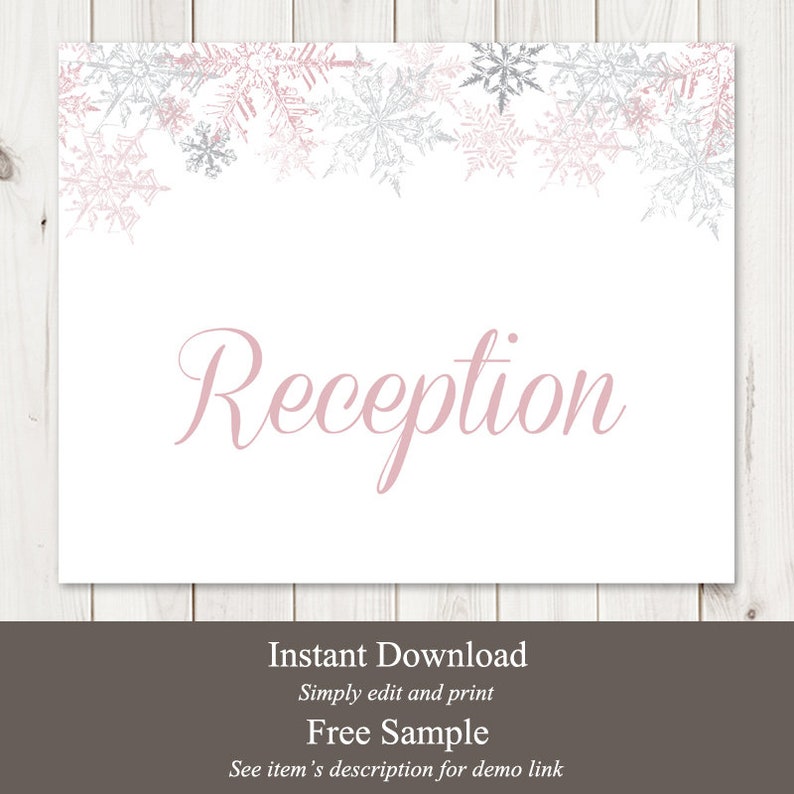 DIY Printable Winter Wedding or Christmas Party Signs Custom Sign Template Snowflakes Templett Dusty Pink /& Silver Instant Download.