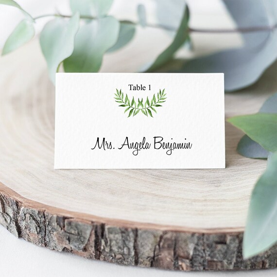 Watercolor Wedding Place Card Template Lovely Leaves Green Etsy