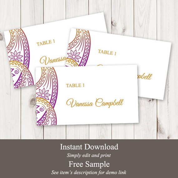 Indian Wedding Place Card Template Paisley Purple Etsy