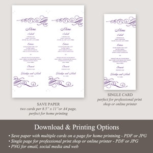 Elegant Wedding Menu Template Tender Twirls, Purple. Printable Modern Menu Card, Fully Edtable Text & Artwork. Templett, Instant Download. image 5