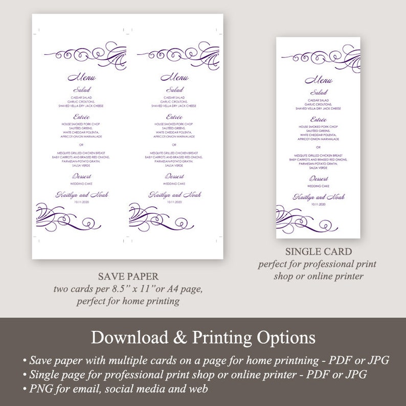 Elegant Wedding Menu Template Tender Twirls, Purple. Printable Modern Menu Card, Fully Edtable Text & Artwork. Templett, Instant Download. image 5