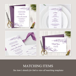 Elegant Wedding Menu Template Tender Twirls, Purple. Printable Modern Menu Card, Fully Edtable Text & Artwork. Templett, Instant Download. image 8