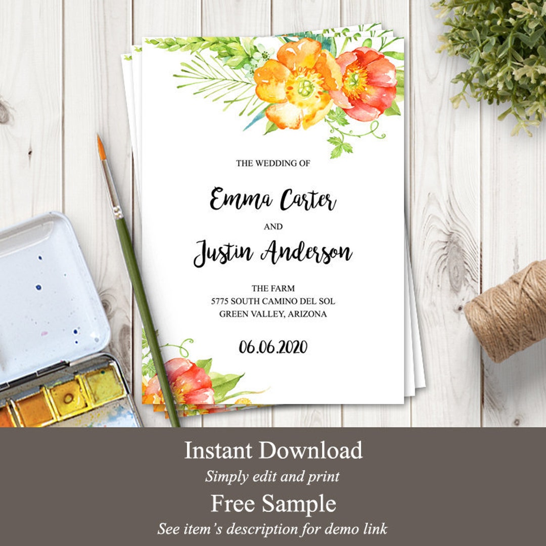 Watercolor Wedding Program Template 