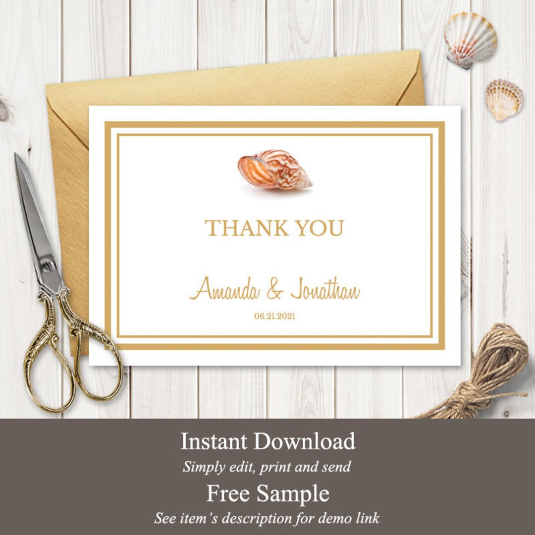 Beach Wedding Thank You Card Template seashell Songs, Gold. DIY ...