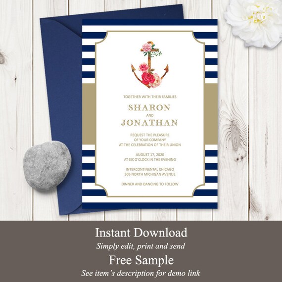 Destination Wedding Invitation Template Navy Etsy