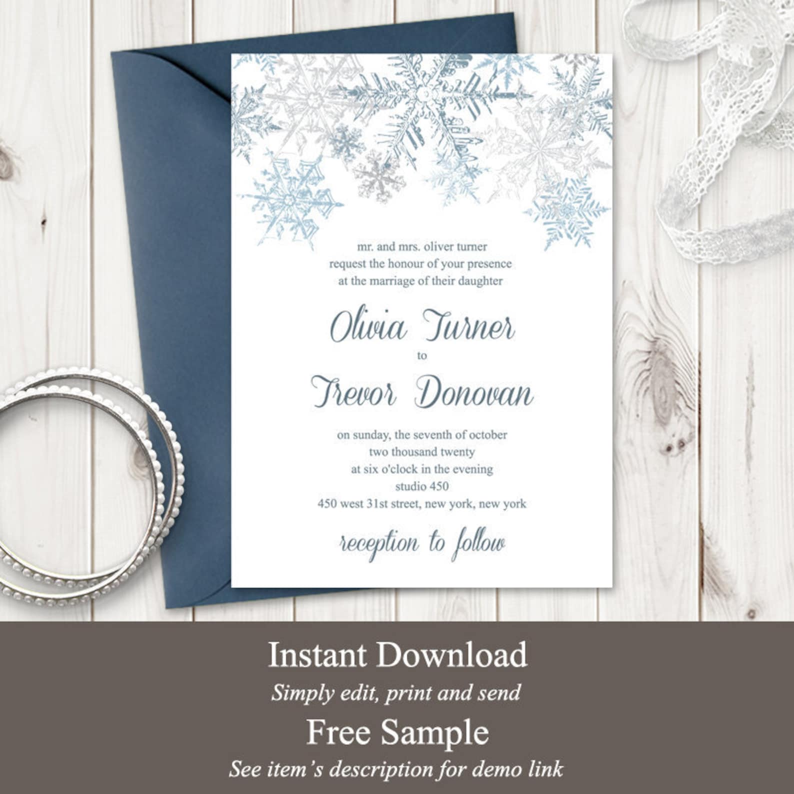 Winter Wedding Invitation Template Snowflakes Silver