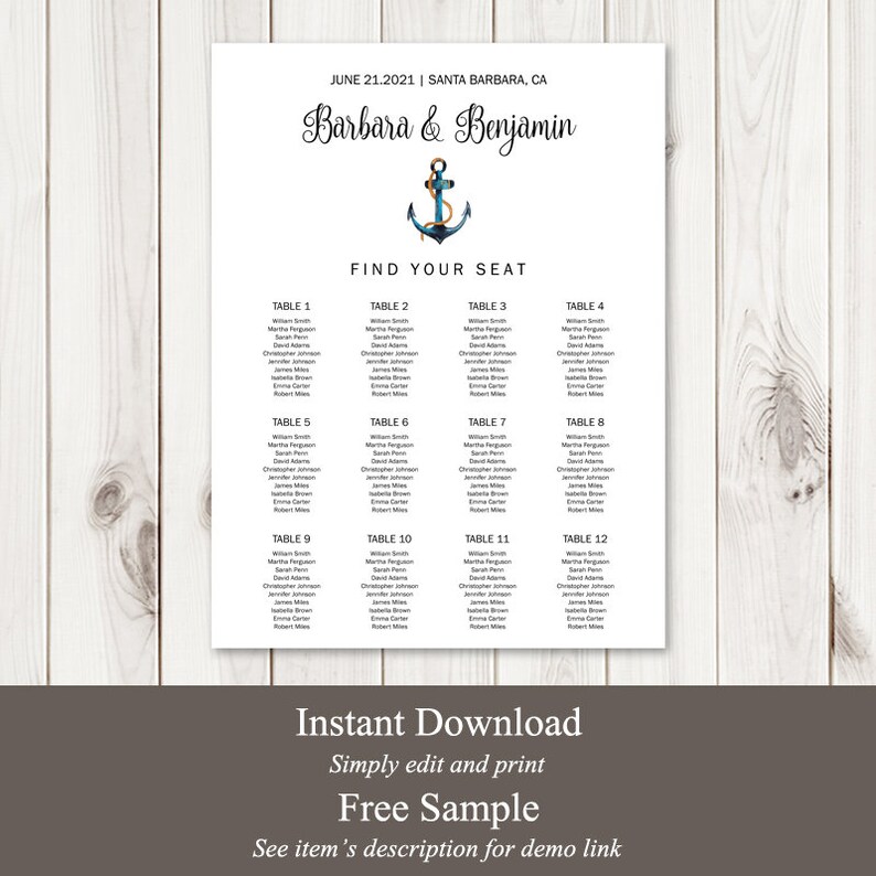 Wedding Seating Chart Poster Template Nautical Allure. DIY