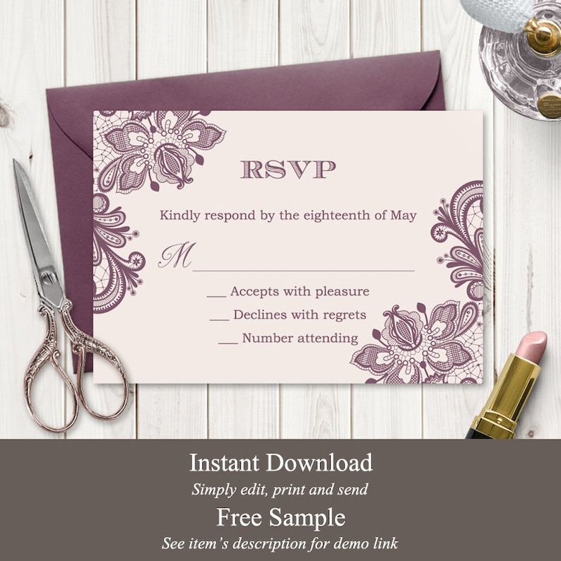 Wedding RSVP Card Template Vintage Lace Blush | Etsy