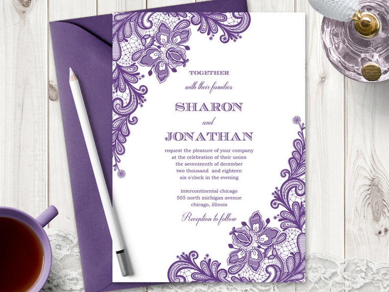 Wedding Invitation Vintage Lace Purple Diy Etsy