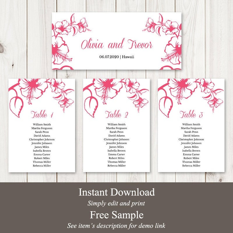 Hanging Cards Wedding Seating Chart Template Hawaii DIY Printable Table Plan Tropical Pink Hibiscus Flower Templett Instant Download.
