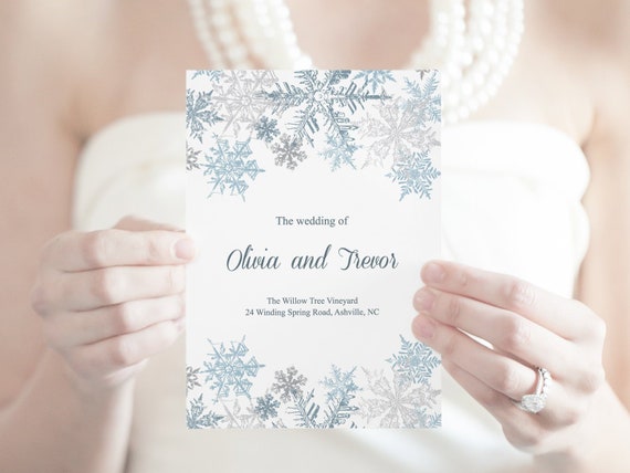 winter wedding program template snowflakes silver blue printable christmas wedding folded program editable text word instant download christmas wedding programs