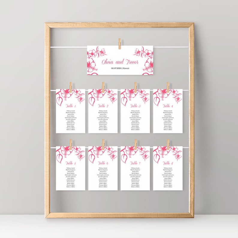 Hanging Cards Wedding Seating Chart Template Hawaii DIY Printable Table Plan Tropical Pink Hibiscus Flower Templett Instant Download.