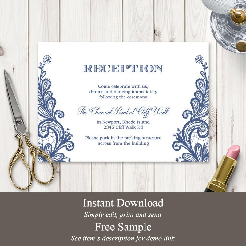 wedding reception card template vintage lace navy etsy