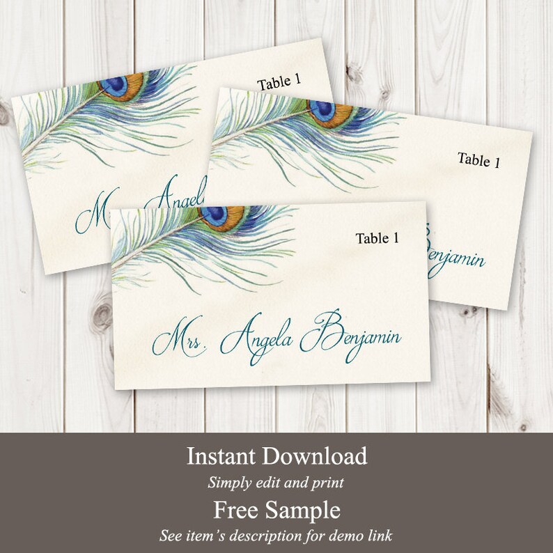 Bohemian Wedding Place Card Template 'Peacock Feather'. DIY Vintage Boho Style Placecard. Printable Escort Cards.Templett, Instant Download. 
