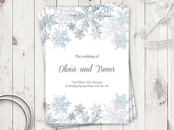 winter wedding program template snowflakes silver blue etsy