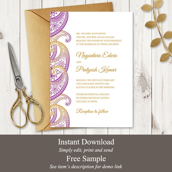 Indian Wedding Invitation Template Paisley Purple Etsy