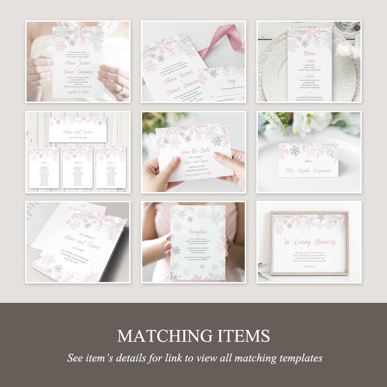 DIY Printable Winter Wedding or Christmas Party Signs Custom Sign Template Snowflakes Templett Dusty Pink /& Silver Instant Download.